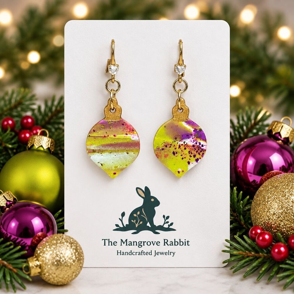 Handmade Purple Green Rhinestone Christmas Ornament Polymer Clay Dangle Earrings